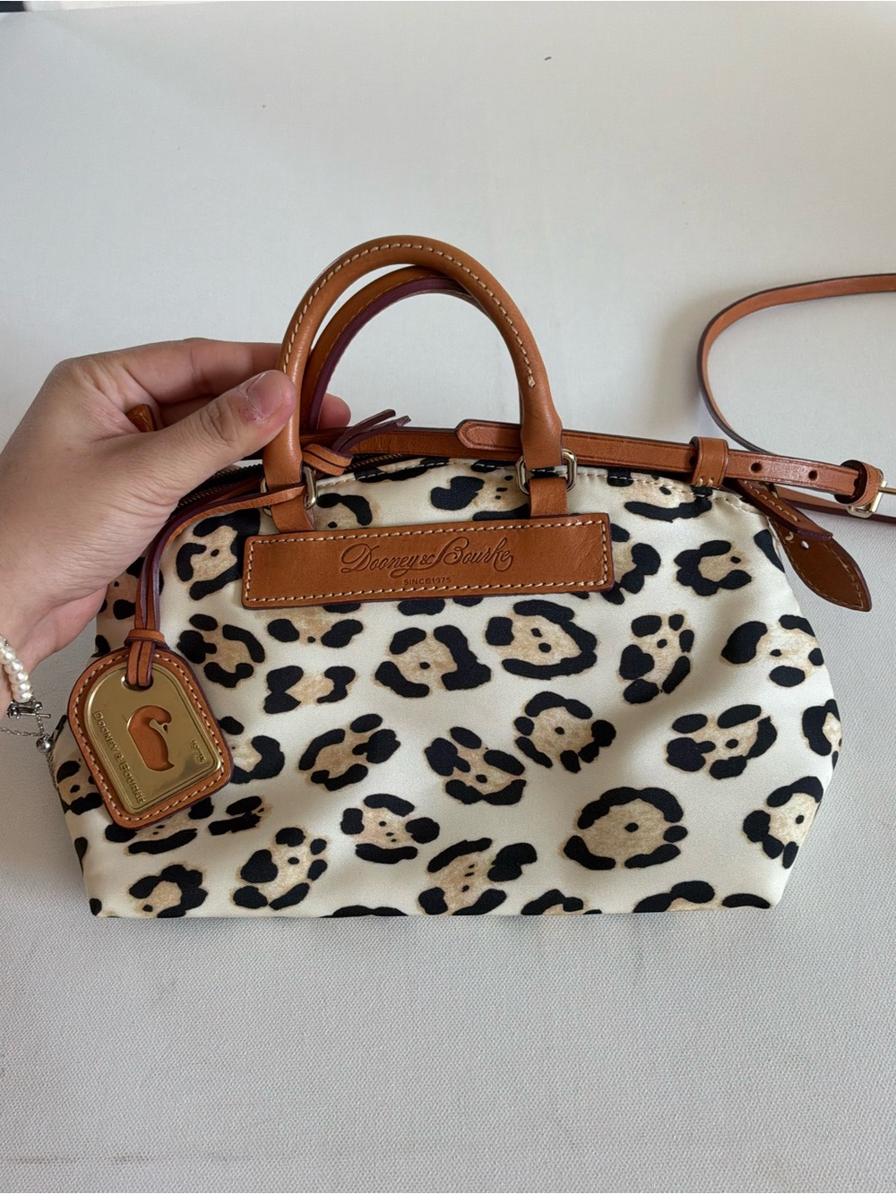 Dooney & Bourke Leopard Print Nylon Satchel Crossbody Bag Leather Trim Tan White